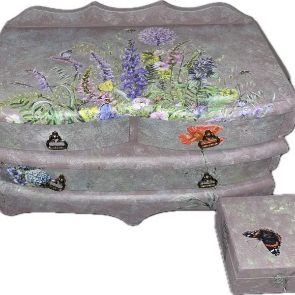 Faux Stone Finish Floral Jewelry Box with Bonus Trinket Box